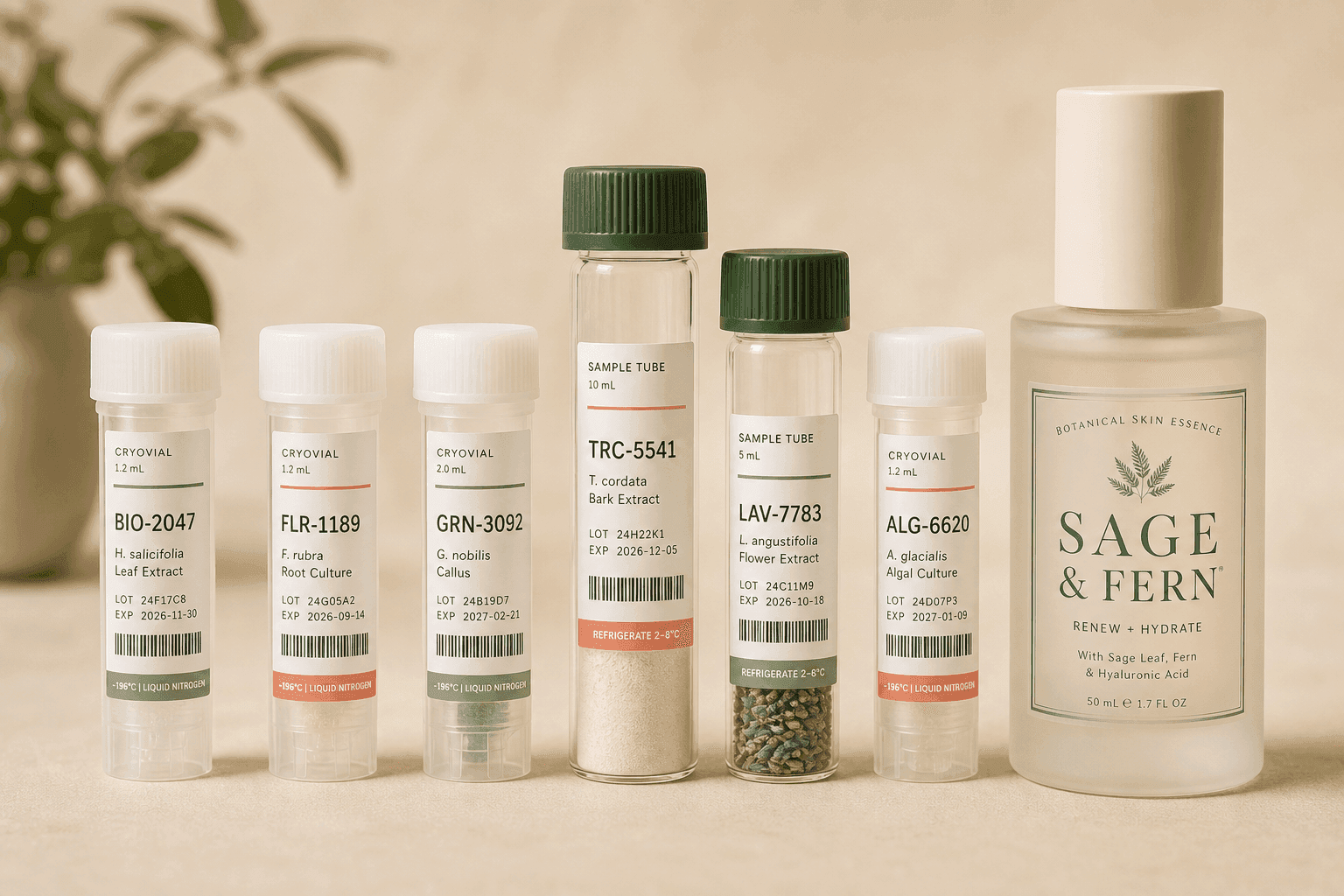 Labelled lab vials and premium packaging in a calm studio setting