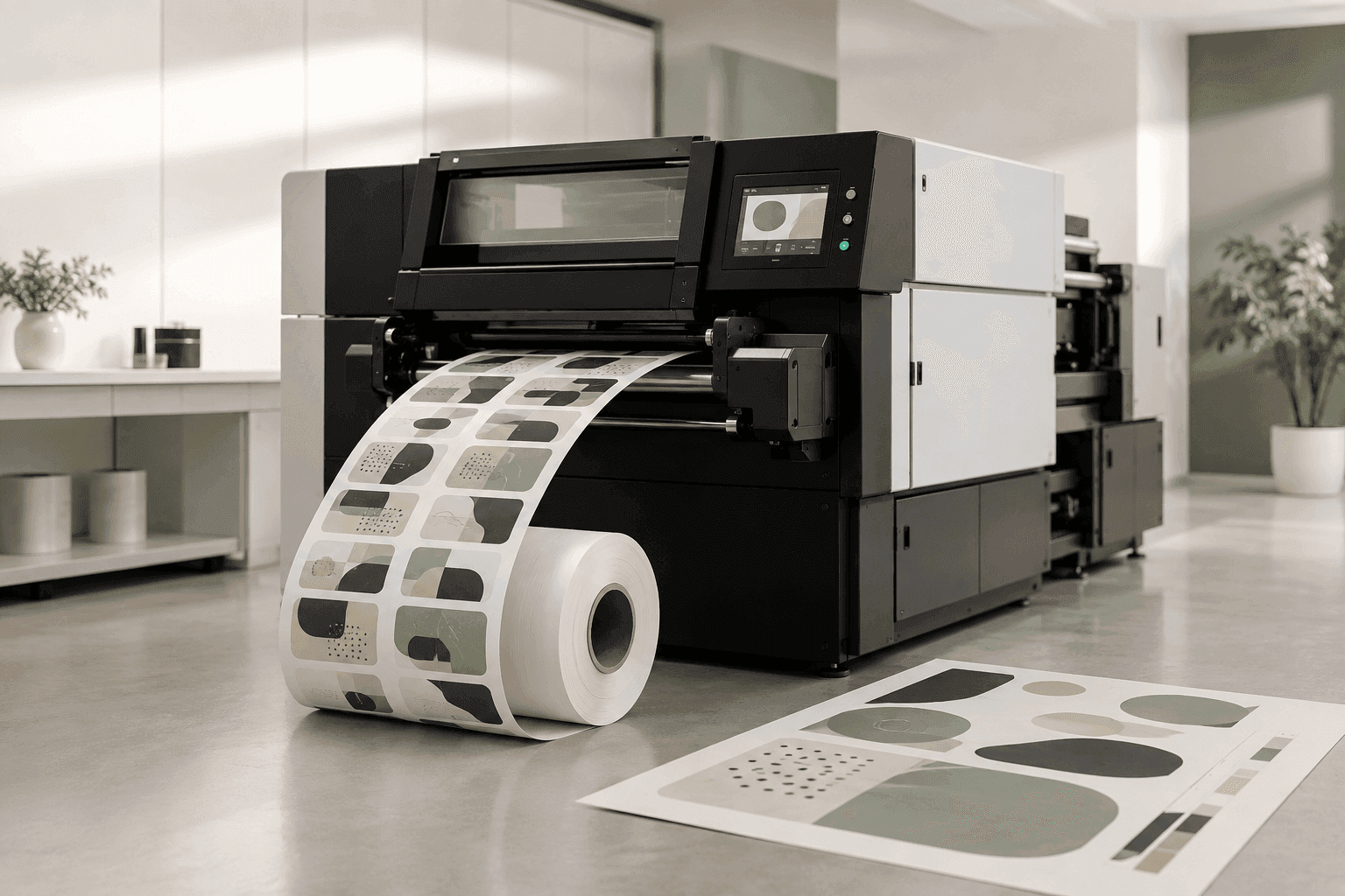 Digital label press with a finished roll and a printed proof sheet